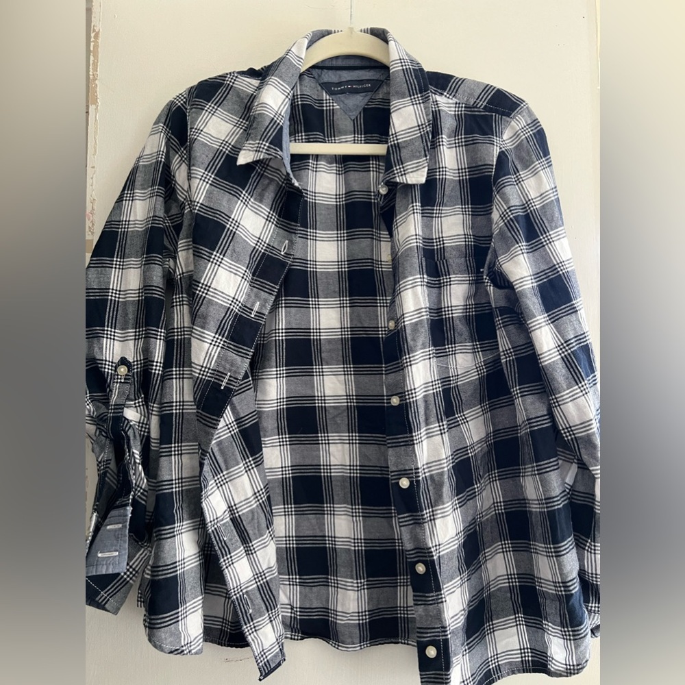 Navy and White Plaid Button-Up Shirt